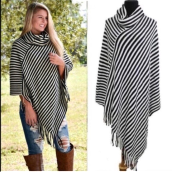 SALE Cowl Neck Black & White Fringe Striped Poncho - Picture 2 of 4